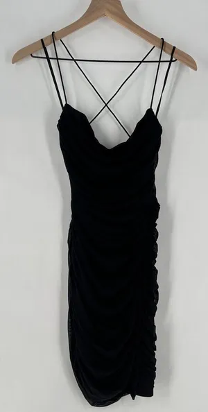 Windsor LBD Black Sheer Mesh Ruched Gathered Strappy Cowl Neck Mini Dress‎ thumbnail 1