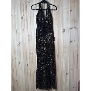 NWT Lulus Mesmerizing Diva Black Sequin Wide-Leg Halter Jumpsuit Party Size XS thumbnail 2