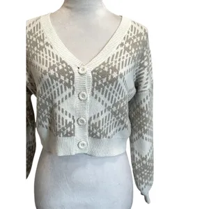 Hollister XS Cream Diamond Pattern Cropped Cardigan VNeck Button Front Knit Cozy thumbnail 4