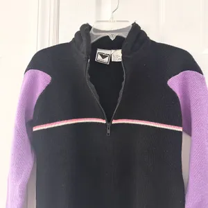 Obermeyer Sascha Vintage Wool Black Purple Stripe Quarter Zip Ski Sweater Large thumbnail 7