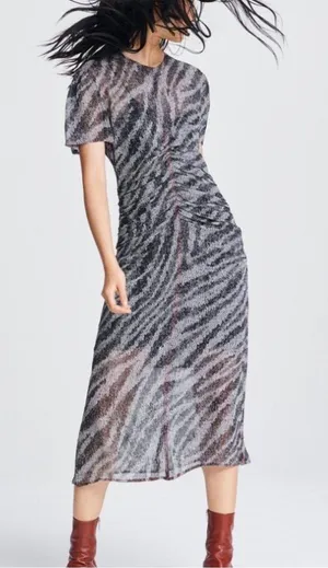 rag & bone Maris ruched chiffon midi dress zebra print 0 silk thumbnail 1
