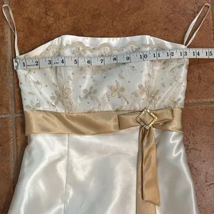 Jessica McClintock Gunne Sax Strapless Embroidered Gold Lace Satin Maxi Dress‎ 1 thumbnail 10
