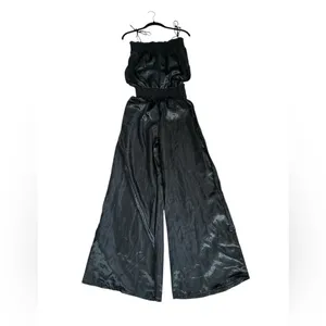 Vintage Black Satin Jumpsuit Smocked Waist Palazzo Leg Minimalist Cocktail Party thumbnail 2