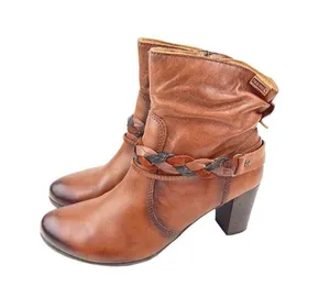 *Pikolinos Heeled Ankle Booties Womens Size 40 Brown Leather Zip Braided Strap thumbnail 2