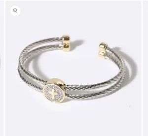 Cross Detail Twisted Double Wire Cuff Bangle Bracelet Silver thumbnail 7