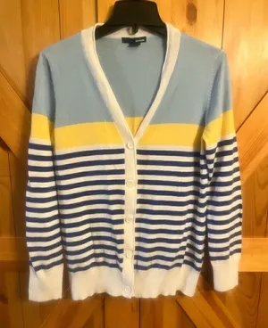 BASIC EDITIONS Blue/yellow/White striped v-neck cardigan sweater size M thumbnail 1