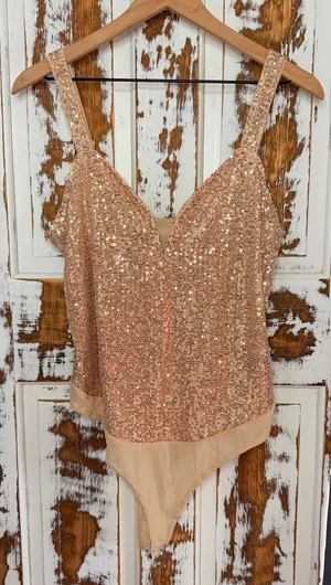 Cider Rose Gold Sequin Bodysuit Glitter Party Top Size Large NWT Glam Cocktail thumbnail 1
