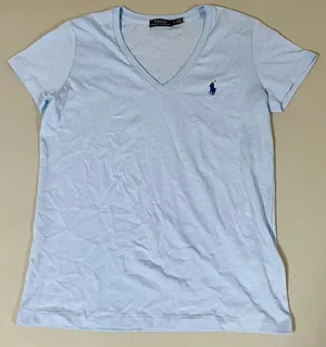 Polo Ralph Lauren Baby Blue Pastel Solid Logo V-Neck Tee T-Shirt Top Size S 🩵 thumbnail 1