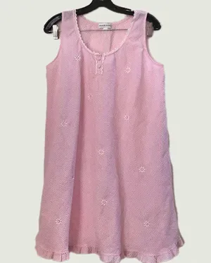 Pink Miss Elaine's nightgown pajamas dress white scallop diamond neckline trim floral embroidery #cottagecore #fairycore Measurement in pics thumbnail 1