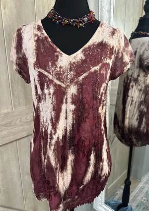 Lapogee Burgundy Tie Dye Embroidered Lace Trim Boho Top Free Size thumbnail 1