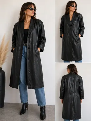Jacqueline Ferrar Vintage 90s Black Leather Trench Coat Oversized Minimalist Long Coat - Size M thumbnail 2