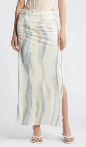 Open Edit Ivory Seafoam Swirl Ruched Side Slit Mesh Maxi Skirt XL thumbnail 1