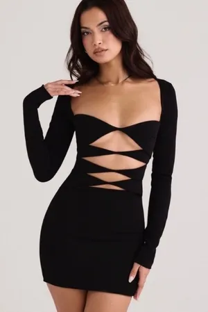 House of CB Elize Mini Dress Black Size Medium NWT Club Outfit Long Sleeve thumbnail 1