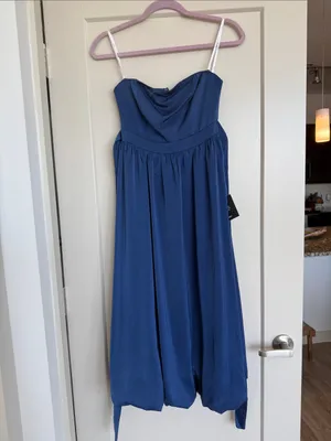 Lulus Lavish Elegance Navy Blue Satin Strapless Bubble-Hem Midi Dress, Size XS thumbnail 6