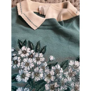 Vintage grandma collar sweatshirt white flower green size med thumbnail 5