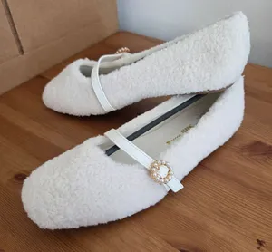 SheIn Faux Sherpa Ballet Flat Shoes Mary Janes Cream Ivory Buckle Twee Preppy Kawaii 9 thumbnail 1