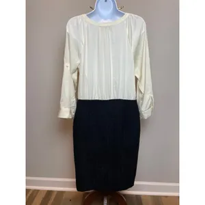 LOFT Mixed Media Dress Size 6 Cream Black Long Sleeve Ruffle Top Knee Length thumbnail 2