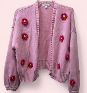Francesca’s Pink Floral 3D Cardigan Chunky Knit Sweater Medium thumbnail 1