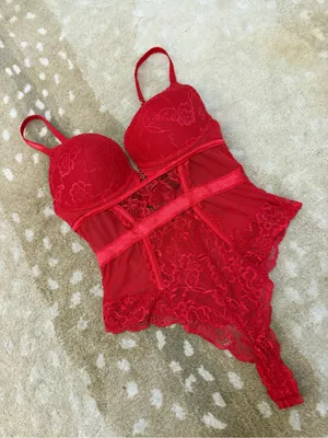 Rachel Roy Red Lace Bodysuit Teddy Size L Underwire Sheer Lingerie thumbnail 4