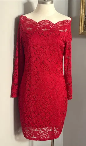 NEW ACEVOG Size Medium Off-Shoulder Red Lace Sheath Dress NWT thumbnail 1