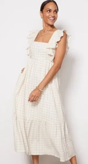 Evereve Window Pane Maxi Checkered Cream and Navy Sleeveless Dress Size Small thumbnail 1