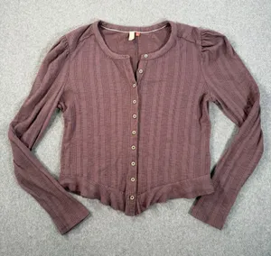 Pilcro Anthropologie Mauve Puff Sleeve Cardigan Women's Large Ribbed Stretch thumbnail 1