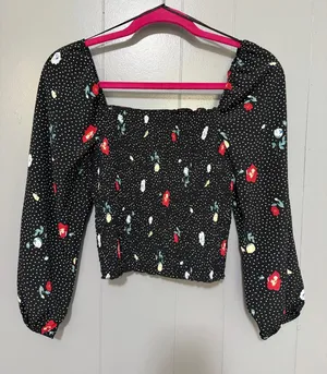 Abercrombie & Fitch Black Floral Polka Dot Smocked Long Sleeve Peasont Top S thumbnail 1