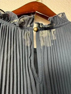 Anthropologie Pleated Sheer Chiffon Ruffle‎ Mock Neck Blouse Slate Blue Size M thumbnail 6