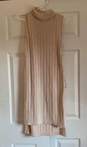 Anthropologie small lace up turtleneck cream tan sleeveless sweater dress thumbnail 2
