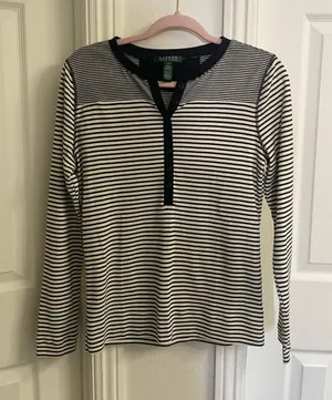Lauren Ralph Lauren Black and White Striped Long-Sleeve Henley thumbnail 1