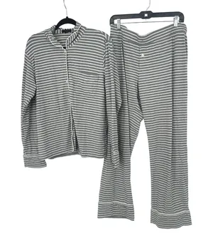 J.Crew Pajama Set Women L Gray Striped Long Sleeve Button Up Pants Loungewear thumbnail 1