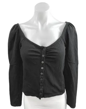 Free People Women's Black Long Puff Sleeve Scoop Neck Button Up Blouse Top Sz M thumbnail 1