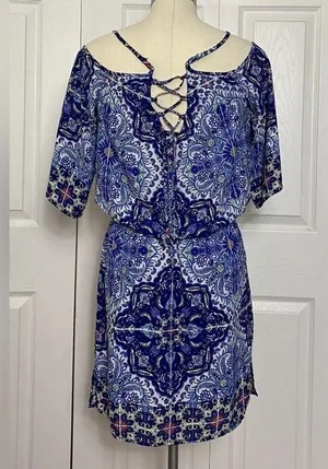 Bisou Bisou Michele Bohbot Blue Print Dress Cold Shoulder Blouson Mini dress thumbnail 3