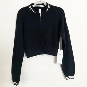 Alo Yoga Tennis Club Sweater Knit Full Zip Jacket Black/Ivory M thumbnail 2
