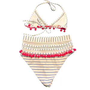 TULAROSA Nina High Waisted‎ Bikini Set Blue White Stripe Pink Pom Poms XS thumbnail 7