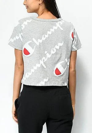 Champion All Over Script Heather Grey Cropped T-Shirt Size Medium thumbnail 5