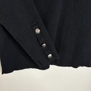Lauren Ralph Lauren Black Ribbed Knit Long Sleeve Top M Silver Crest Button Cuff thumbnail 4