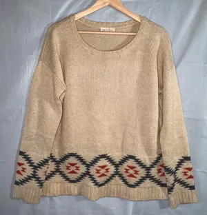 Hem & Thread Sweater Womens Large‎ Tan Red Aztec Boho Southwest Knit Wool Blend thumbnail 1