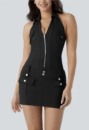 Halara Women's XS Black Halter Neck Sleeveless Mini Dress Zip Front Pockets thumbnail 1