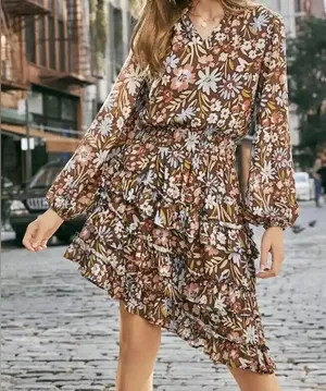 BTFL LIFE Brown Floral Asymmetrical Ruffled Dress‎ Size Large thumbnail 1