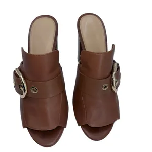 Michael Kors Brown Leather Slip On Open‎ Toe Heels Mules Slides Size 9M Gold thumbnail 3