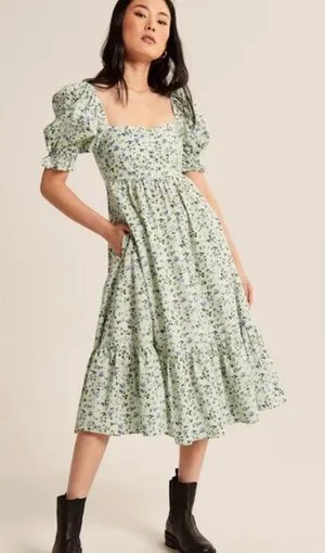 Abercrombie puff sleeve midi dress, green floral thumbnail 1