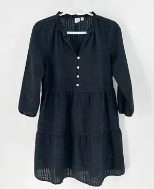 GAP tiered black textured babydoll mini dress puff sleeve summer winter chic thumbnail 1
