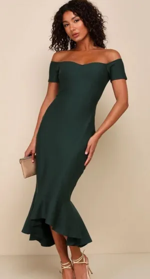 Lulus How Much I Care Dark Green Off-the-Shoulder Ruffle Hem Midi Dress Sz‎ S thumbnail 1