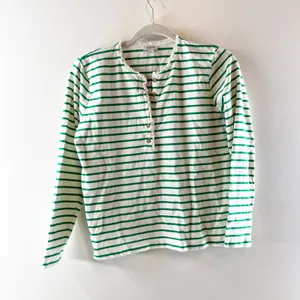 J. Crew Long Sleeve Striped Ruffleneck Henley Shirt Top Green White Small thumbnail 2