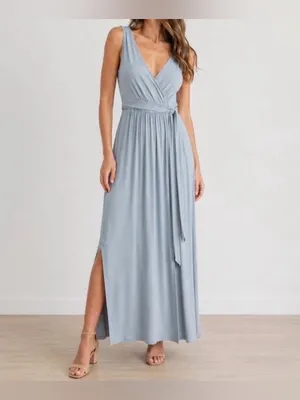 Lulus NWT Women XS Pale Dusty Blue Jersey Knit Surplice Slit Maxi Dress thumbnail 2
