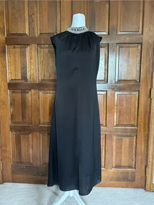 MISA Los Angeles Kira Black‎ Satin Midi Dress Crystal Embellished Neck Medium thumbnail 3