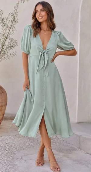 Petal & Pup Piper Sage Green Shiny Tie Front Button Front Midi Dress thumbnail 1