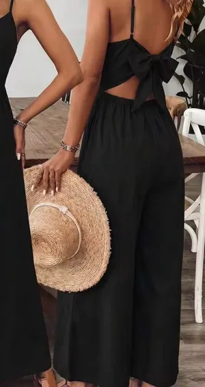 Shein Black Wide-Leg Sleeveless Jumpsuit with Open Back Self Tie Bow thumbnail 1