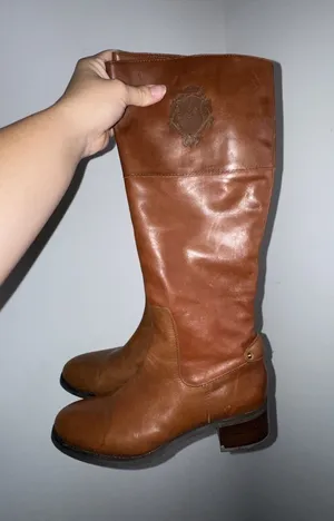 Etienne Aigner Women's Brown Leather Knee High Riding Boots with Crest Logo thumbnail 1